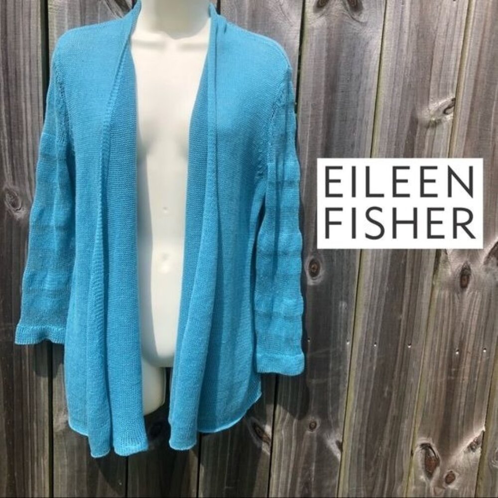 Eileen Fisher Linen Blue Cardigan XS Top Sweater Striped Waterfall Open Ribbed